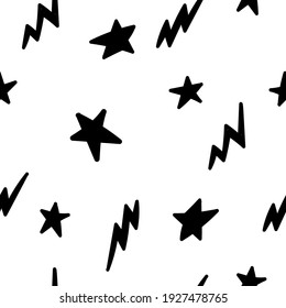 Patrón sin foco con estrellas y relámpagos al estilo de las caricaturas. Perfecto para la ropa, el uso, el papel pintado, la decoración de vivero y el tejido. Ilustración del vector