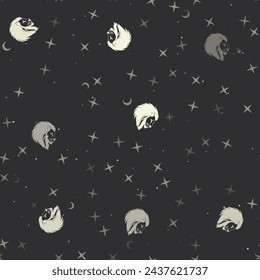 Seamless pattern with stars, lion head icons on black background. Night sky. Vector illustration on black background