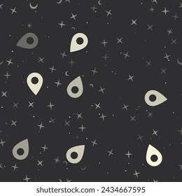 Seamless pattern with stars, location symbols on black background. Night sky. Vector illustration on black background