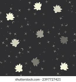 Seamless pattern with stars, lotus flowers on black background. Night sky. Vector illustration on black background