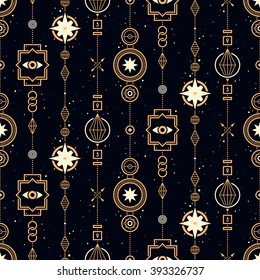 Seamless pattern with stars and magical golden garlands. Useful for wrapping, web backgrounds and fabric design.