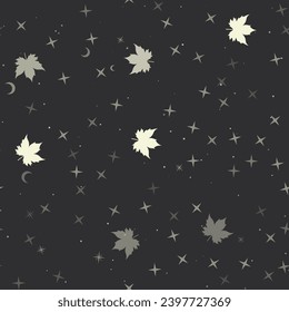 Seamless pattern with stars, maple leaf symbols on black background. Night sky. Vector illustration on black background
