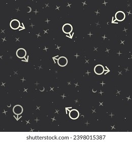 Seamless pattern with stars, mars symbols on black background. Night sky. Vector illustration on black background