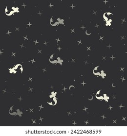 Seamless pattern with stars, mermaid symbols on black background. Night sky. Vector illustration on black background