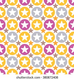 Seamless pattern with stars. Modern vector background. Bright yellow, orange, purple and silver colors.