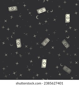 Seamless pattern with stars, money bundle symbols on black background. Night sky. Vector illustration on black background