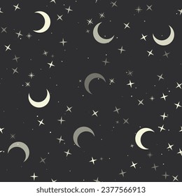 Seamless pattern with stars, months on black background. Night sky. Vector illustration