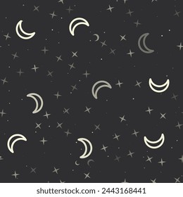 Seamless pattern with stars, moon astrological symbols on black background. Night sky. Vector illustration on black background