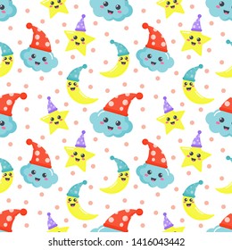 seamless pattern stars, moon and clouds. kawaii wallpaper on white background. baby cute pastel colors. vector Illustration.