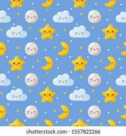 seamless pattern stars, moon and clouds. kawaii wallpaper on blue background. baby cute pastel colors. vector Illustration.