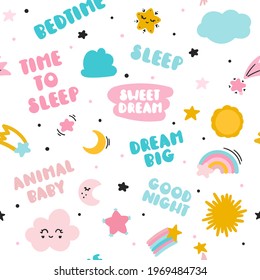 Un patrón sin fisuras con estrellas, luna, nubes y palabras para dormir. Para papel pintado en la habitación de los niños o textiles