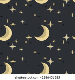 Seamless pattern with stars and moon in dark sky. Modern swatch paint for birthday card, party invitation, sale wallpaper, holiday wrapping paper, fabric, bag print, t shirt, wrapping gift