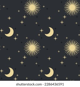 Seamless pattern with stars and moon in dark sky. Modern swatch paint for birthday card, party invitation, sale wallpaper, holiday wrapping paper, fabric, bag print, t shirt, wrapping gift