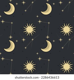 Seamless pattern with stars and moon in dark sky. Modern swatch paint for birthday card, party invitation, sale wallpaper, holiday wrapping paper, fabric, bag print, t shirt, wrapping gift