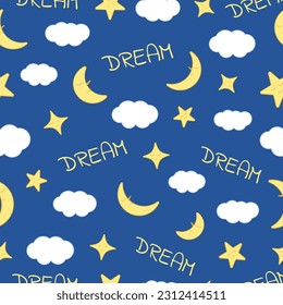 Seamless pattern. Stars moon dream clouds. Cute baby pattern with blue background