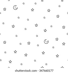 Patrón sin problemas con estrellas y luna. ¡Buenas noches! Se puede utilizar para papel pintado, rellenos de patrones, tarjetas de felicitación, fondos de páginas web, papel de envoltura, reserva de chatarra o tela. Ilustración vectorial. EPS 10.