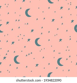 Seamless pattern with stars and moon. Irregular Hand Drawn Simple Starry Sky Print for fabric, textile, apparel, wrapping paper. Kids texture. Night sky background. Vector illustration. Nursery print.