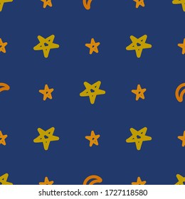 Seamless pattern with stars and moon on a blue background. Colorful print, suitable as wrapping paper or fabric. Cartoon vector illustration