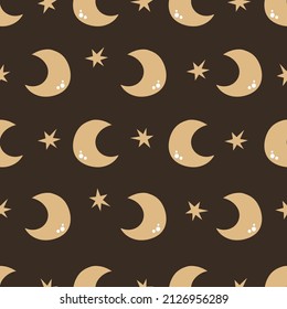 Seamless pattern with stars and moon on dark background. Contemporary composition. Boho wall decor. Mid century art print.