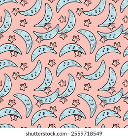 Seamless pattern of stars, moon and sky. Vector illustration of the moon, space planets and stars, hand-drawn. Space wallpaper, textile design.