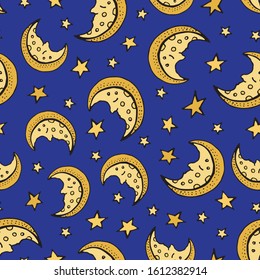 Seamless pattern with stars and the moon, star pattern, moon and stars decorations. Moon is sleeping. Vector illustration in cartoon style. Sky texture background for kids.