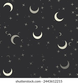 Seamless pattern with stars, moon symbols on black background. Night sky. Vector illustration on black background