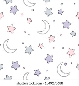 Seamless pattern with stars and moon. Vector background for gift wrapping paper, fabric, clothes, textile, surface textures, scrapbook. 