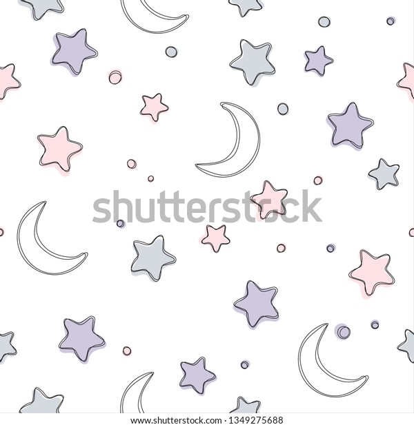 Seamless pattern with stars and moon. Vector background\
for gift wrapping paper, fabric, clothes, textile, surface\
textures, scrapbook. 
