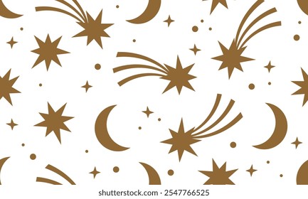 Padrão contínuo com estrelas, luas e cometas. Design de sonho com estrelas mágicas