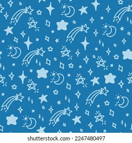 Nahtloses Muster mit Sternen und Monden auf blauem Hintergrund im Doodle-Stil.