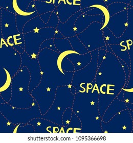 Seamless pattern with stars, moons and words Space. Vector illustration