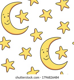 Patrón sin inconvenientes con estrellas y luna.Ilustración vectorial.
