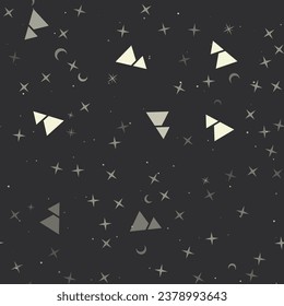 Seamless pattern with stars, mountains symbols on black background. Night sky. Vector illustration on black background