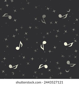 Seamless pattern with stars, musical note symbols on black background. Night sky. Vector illustration on black background