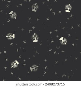 Seamless pattern with stars, mystical tree in bottle symbols on black background. Night sky. Vector illustration on black background