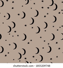 Seamless pattern with stars and the New Moon. Vector illustration for a minimalistic design. Modern elegant background.Finnish drawing.