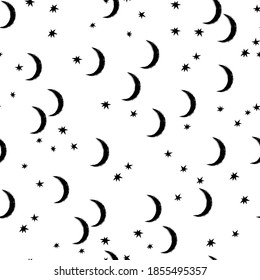 Seamless pattern with stars and the New Moon. Vector illustration for a minimalistic design. Modern elegant background.Finnish drawing.