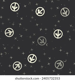 Seamless pattern with stars, no right turn signs on black background. Night sky. Vector illustration on black background