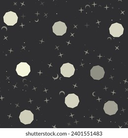 Seamless pattern with stars, nonagon symbols on black background. Night sky. Vector illustration on black background
