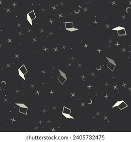 Seamless pattern with stars, notebook symbols on black background. Night sky. Vector illustration on black background