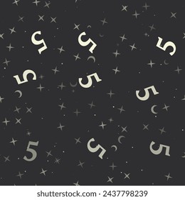 Seamless pattern with stars, number five symbols on black background. Night sky. Vector illustration on black background
