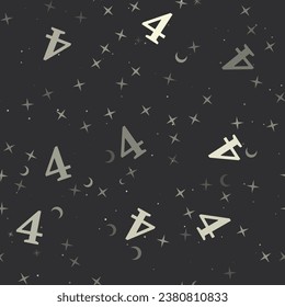 Seamless pattern with stars, number four symbols on black background. Night sky. Vector illustration on black background