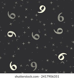 Nahtloses Muster mit Sternen, Nummer neun Symbole auf schwarzem Hintergrund. Nachthimmel. Vektorgrafik auf schwarzem Hintergrund