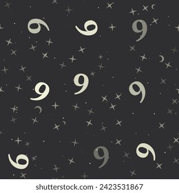 Seamless pattern with stars, number six symbols on black background. Night sky. Vector illustration on black background