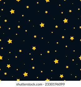 Seamless pattern with stars on the background of the night sky. Repeated simple space texture with yellow random shine stars on dark blue background. Vector illustration