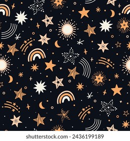 Seamless pattern of stars on a black background. Vector graphics.