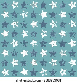 Seamless pattern with stars on blue background. Vector grunge textured star pattern.