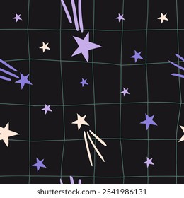 Seamless pattern with stars on checkered background. Hand drawn cosmic elements. Simple minimalist vector texture for textile, fabric, paper. Starfall, night sky, space concept