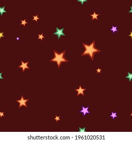 Patrón sin foco con estrellas en un fondo marrón oscuro en estilo de dibujos animados, ilustración vectorial.