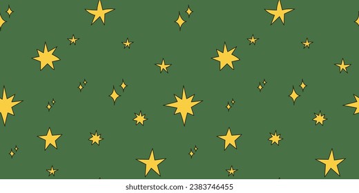 Seamless pattern with stars on a green background. Vector illustration. Christmas texture.